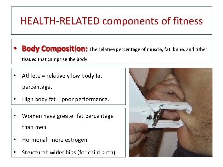 HEALTH-RELATED components of fitness • Body Composition: The relative percentage of muscle, fat, bone,