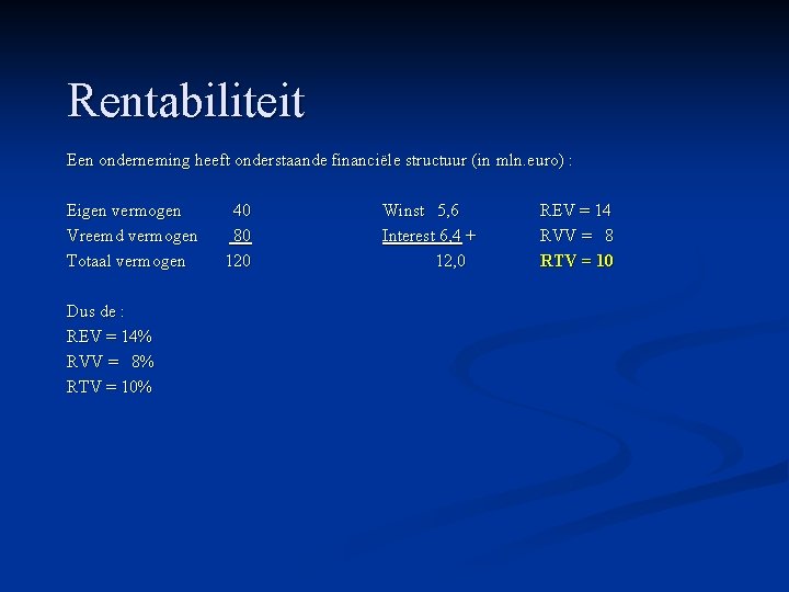 Rentabiliteit Een onderneming heeft onderstaande financiële structuur (in mln. euro) : Eigen vermogen Vreemd