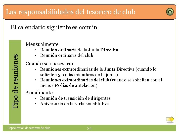 Las responsabilidades del tesorero de club El calendario siguiente es común: Tipo de reuniones