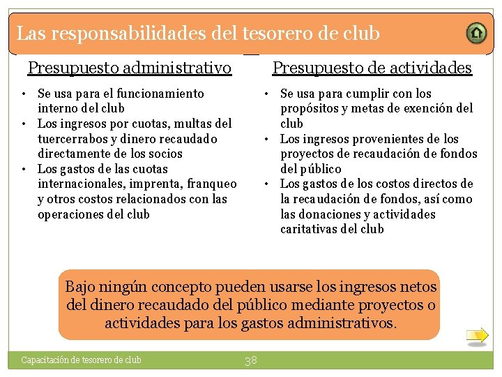 Las responsabilidades del tesorero de club Presupuesto administrativo Presupuesto de actividades • Se usa