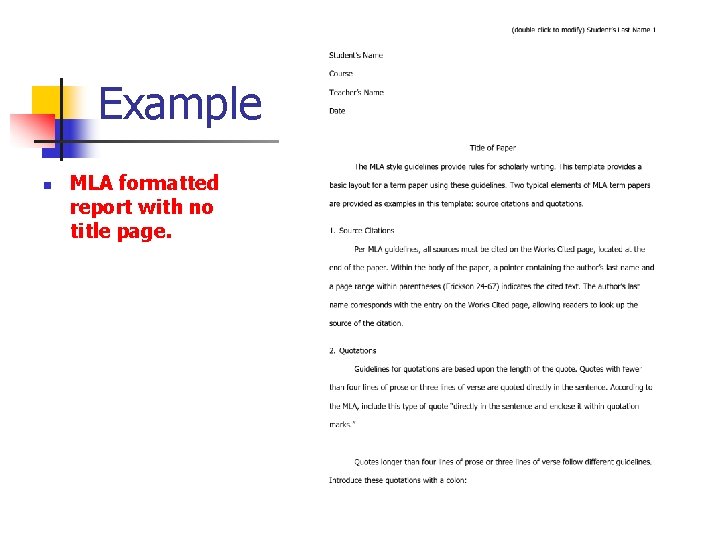 Example n MLA formatted report with no title page. 12 