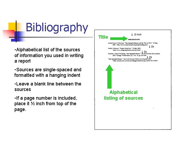 Bibliography Title • Alphabetical list of the sources of information you used in writing
