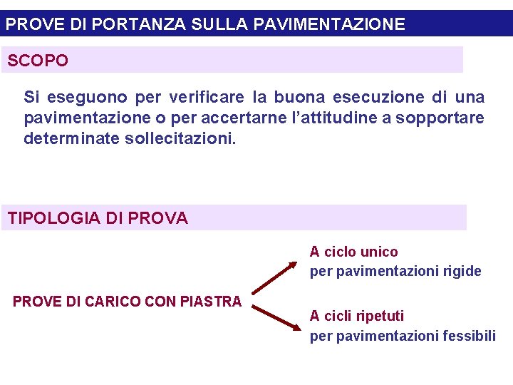 PROVE DI PORTANZA SULLA PAVIMENTAZIONE SCOPO Si eseguono per verificare la buona esecuzione di