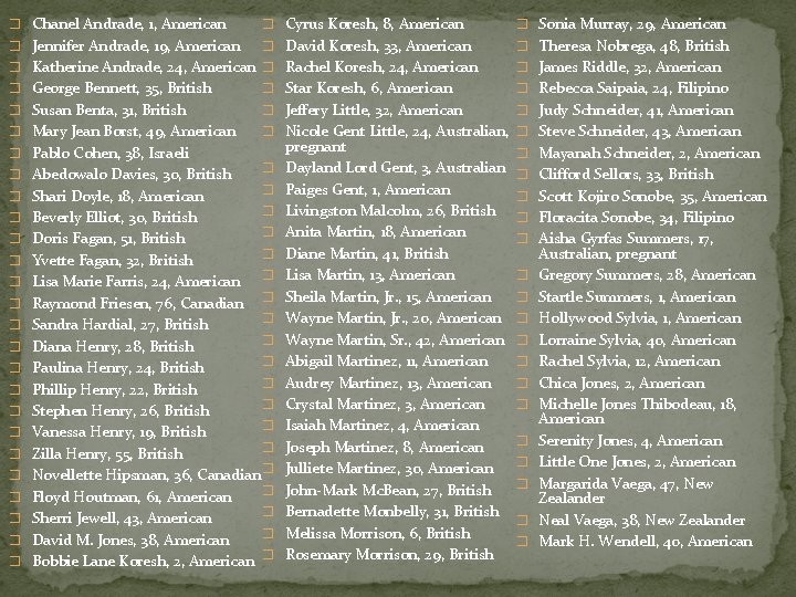 � Chanel Andrade, 1, American � Cyrus Koresh, 8, American � Sonia Murray, 29,