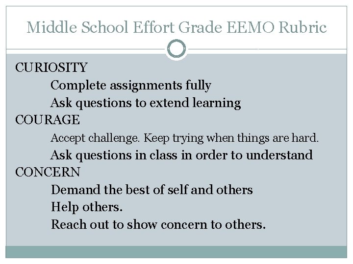 Middle School Effort Grade EEMO Rubric CURIOSITY Complete assignments fully Ask questions to extend