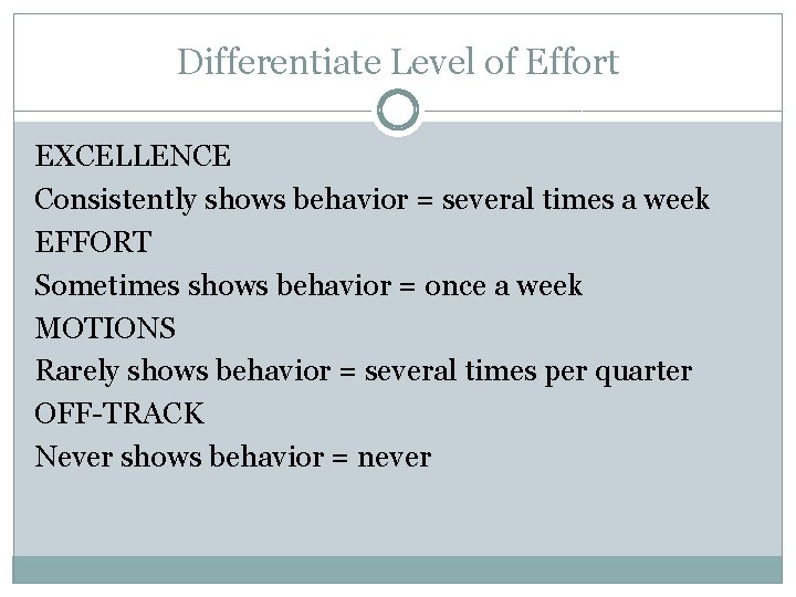 Differentiate Level of Effort EXCELLENCE Consistently shows behavior = several times a week EFFORT