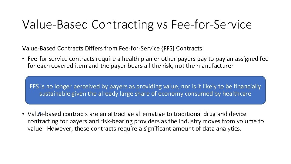 Value-Based Contracting vs Fee-for-Service Value-Based Contracts Differs from Fee-for-Service (FFS) Contracts • Fee-for service