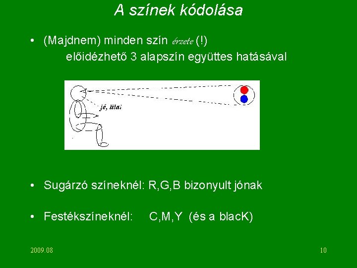 A színek kódolása • (Majdnem) minden szín érzete (!) előidézhető 3 alapszín együttes hatásával