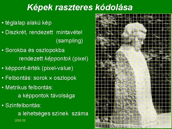 Képek raszteres kódolása • téglalap alakú kép • Diszkrét, rendezett mintavétel (sampling) • Sorokba