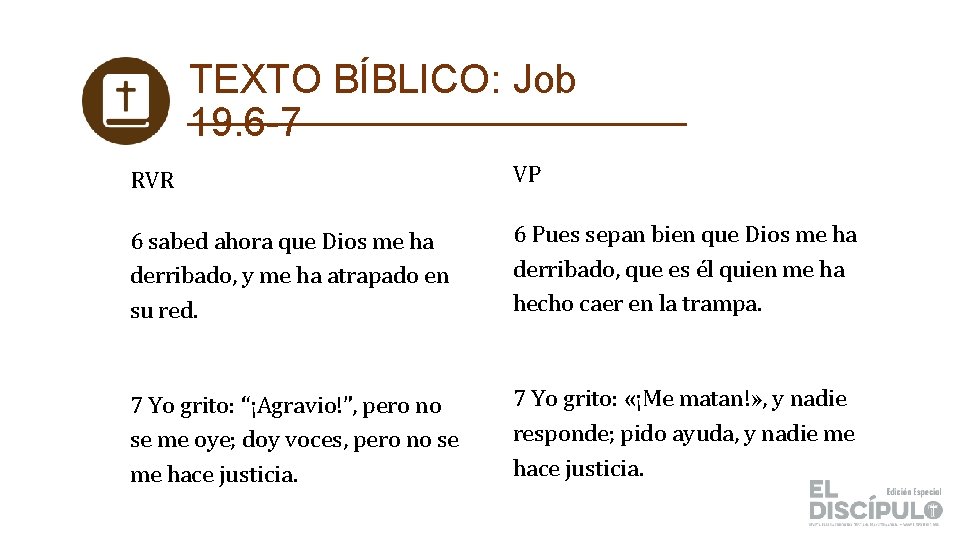 TEXTO BÍBLICO: Job 19. 6 -7 RVR VP 6 sabed ahora que Dios me