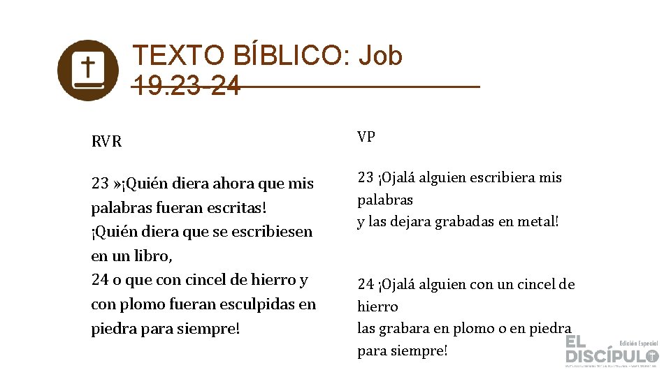 TEXTO BÍBLICO: Job 19. 23 -24 RVR VP 23 » ¡Quién diera ahora que