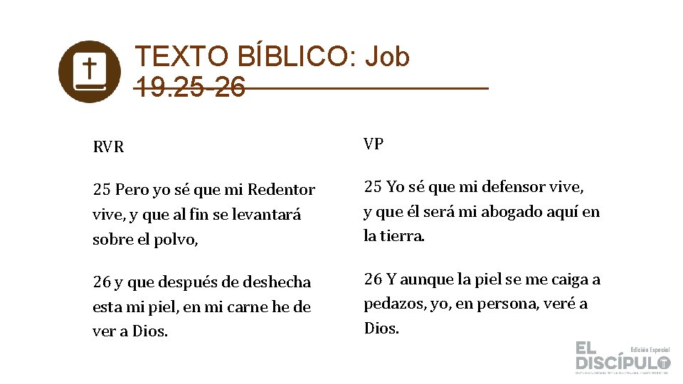 TEXTO BÍBLICO: Job 19. 25 -26 RVR VP 25 Pero yo sé que mi