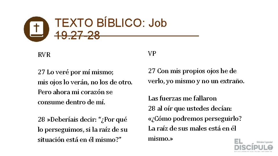 TEXTO BÍBLICO: Job 19. 27 -28 RVR VP 27 Lo veré por mí mismo;