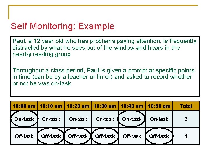Self Monitoring: Example Paul, a 12 year old who has problems paying attention, is
