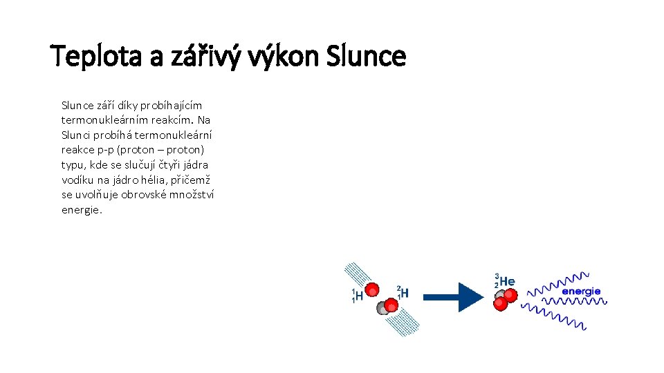 Teplota a zářivý výkon Slunce září díky probíhajícím termonukleárním reakcím. Na Slunci probíhá termonukleární