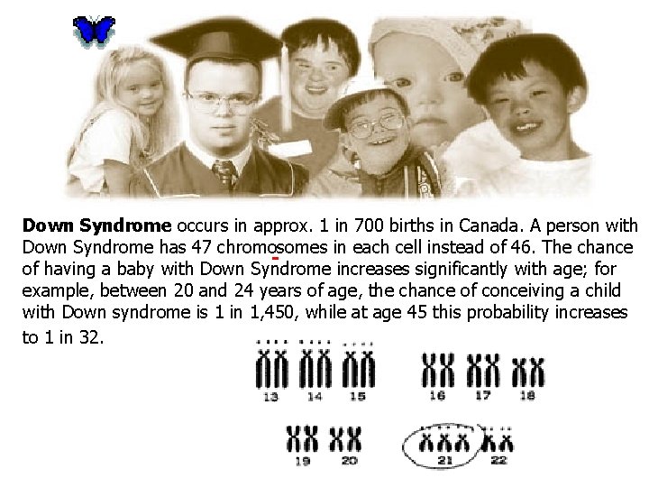 Down Syndrome occurs in approx. 1 in 700 births in Canada. A person with