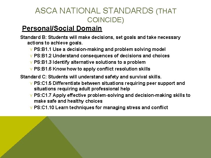 ASCA NATIONAL STANDARDS (THAT COINCIDE) Personal/Social Domain Standard B: Students will make decisions, set