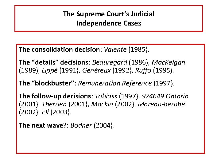 The Supreme Court’s Judicial Independence Cases The consolidation decision: Valente (1985). The “details” decisions: