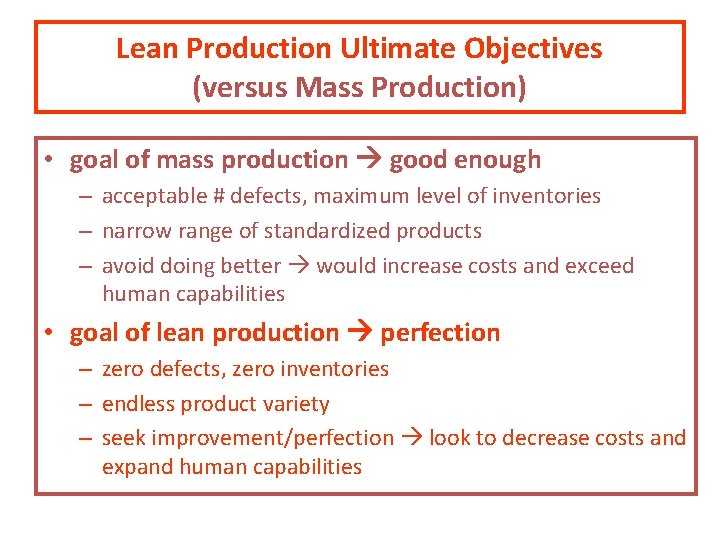 Lean Production Ultimate Objectives (versus Mass Production) • goal of mass production good enough