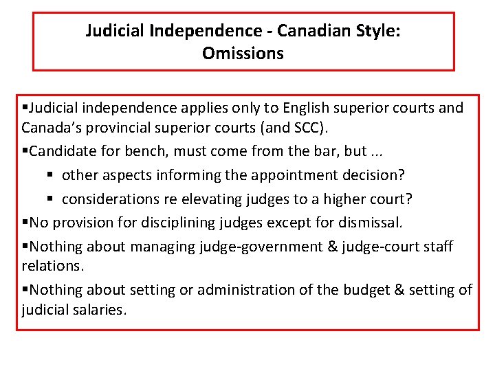 Judicial Independence - Canadian Style: Omissions §Judicial independence applies only to English superior courts