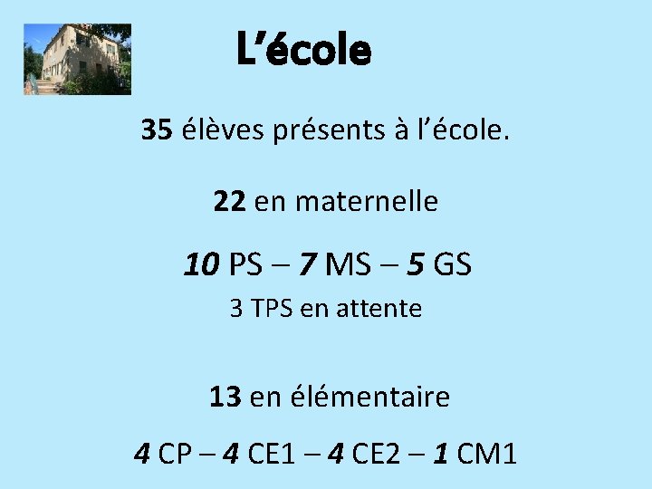 L’école 35 élèves présents à l’école. 22 en maternelle 10 PS – 7 MS