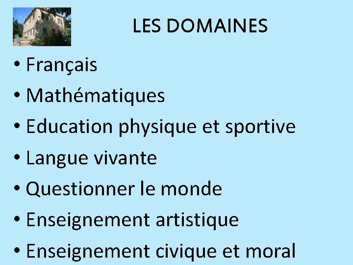 LES DOMAINES • Français • Mathématiques • Education physique et sportive • Langue vivante