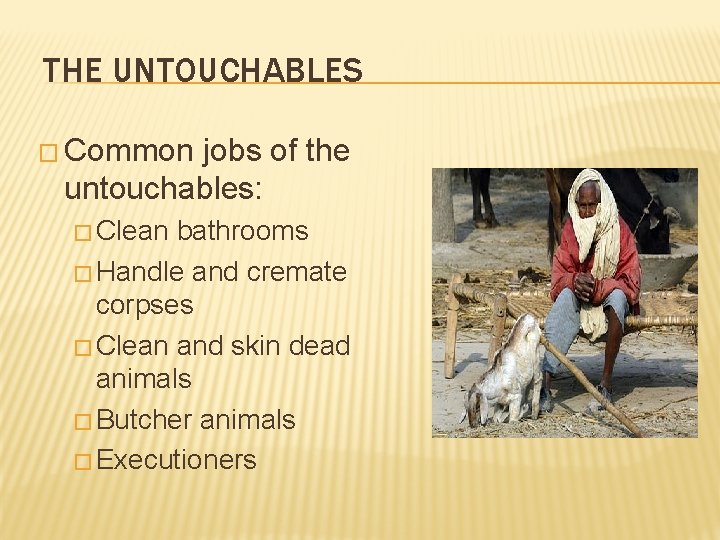 THE UNTOUCHABLES � Common jobs of the untouchables: � Clean bathrooms � Handle and