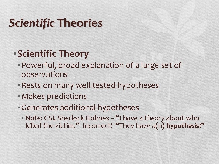 Scientific Theories • Scientific Theory • Powerful, broad explanation of a large set of