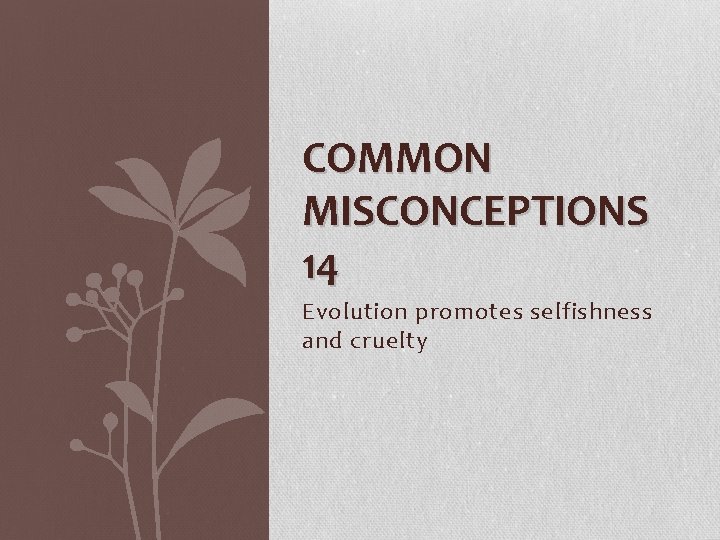 COMMON MISCONCEPTIONS 14 Evolution promotes selfishness and cruelty 