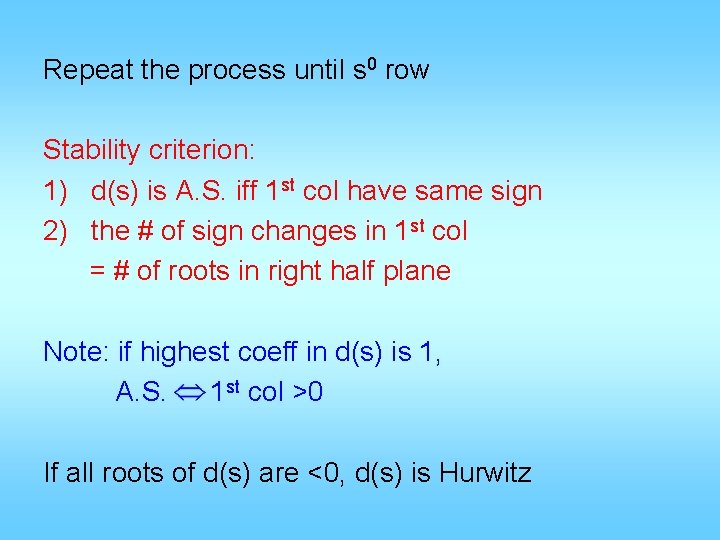 Repeat the process until s 0 row Stability criterion: 1) d(s) is A. S.