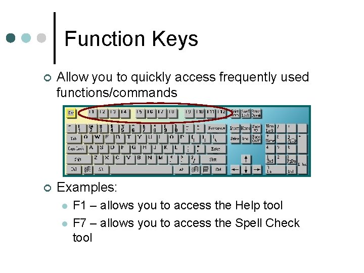 Function Keys ¢ Allow you to quickly access frequently used functions/commands ¢ Examples: l