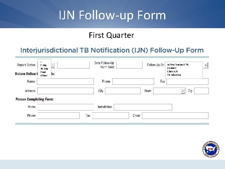 IJN Follow-up Form First Quarter -7 Day 30 Day Final Other: Active/ Suspect TB