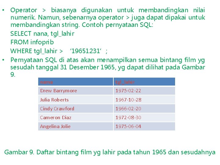  • Operator > biasanya digunakan untuk membandingkan nilai numerik. Namun, sebenarnya operator >