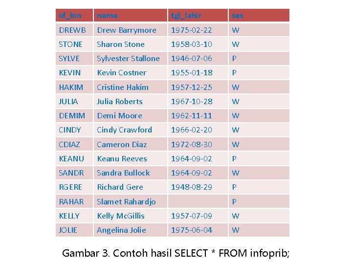 id_bin nama tgl_lahir sex DREWB Drew Barrymore 1975 -02 -22 W STONE Sharon Stone