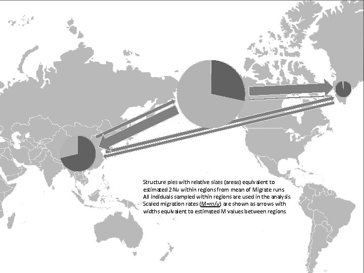 Structure pies with relative sizes (areas) equivalent to estimated 2 Nu within regions from