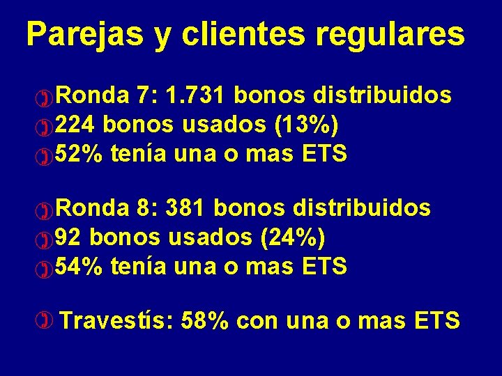 Parejas y clientes regulares )Ronda 7: 1. 731 bonos distribuidos )224 bonos usados (13%)