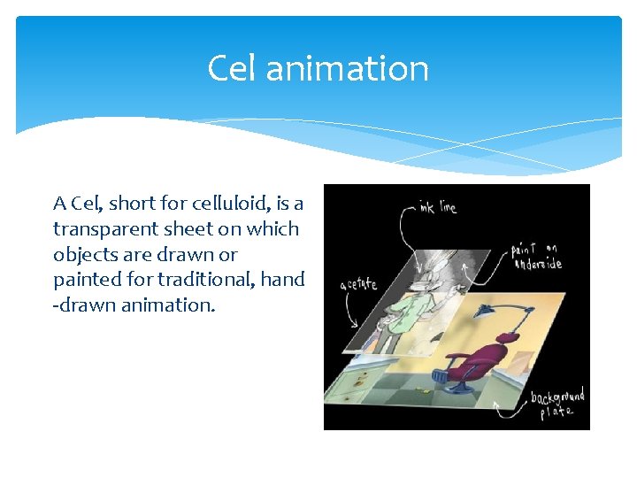 Cel animation A Cel, short for celluloid, is a transparent sheet on which objects