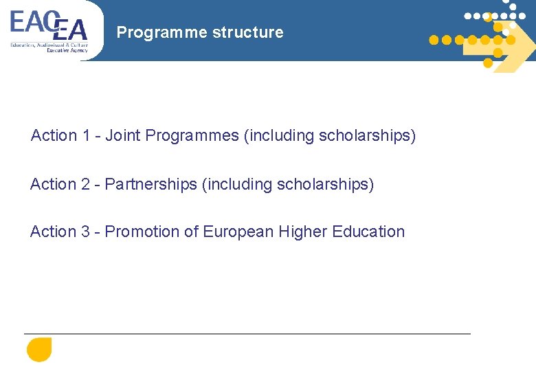 Programme structure Action 1 - Joint Programmes (including scholarships) Action 2 - Partnerships (including