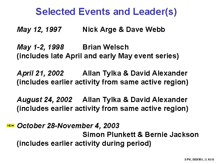 Selected Events and Leader(s) May 12, 1997 Nick Arge & Dave Webb May 1