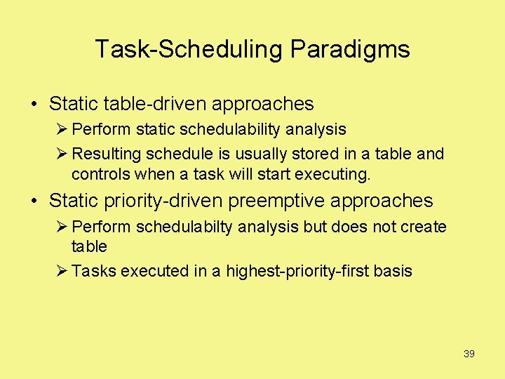 Task-Scheduling Paradigms • Static table-driven approaches Ø Perform static schedulability analysis Ø Resulting schedule