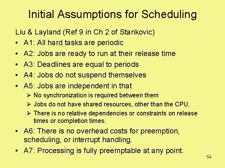 Initial Assumptions for Scheduling Liu & Layland (Ref 9 in Ch 2 of Stankovic)
