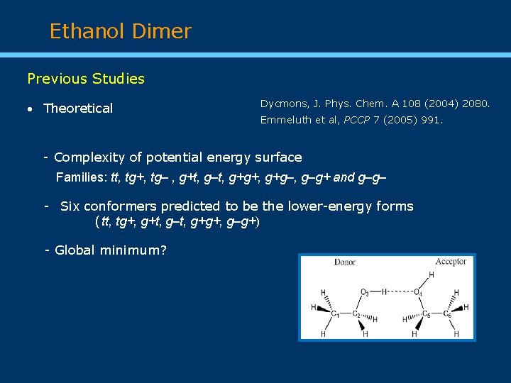 Ethanol Dimer Previous Studies Theoretical Dycmons, J. Phys. Chem. A 108 (2004) 2080. Emmeluth
