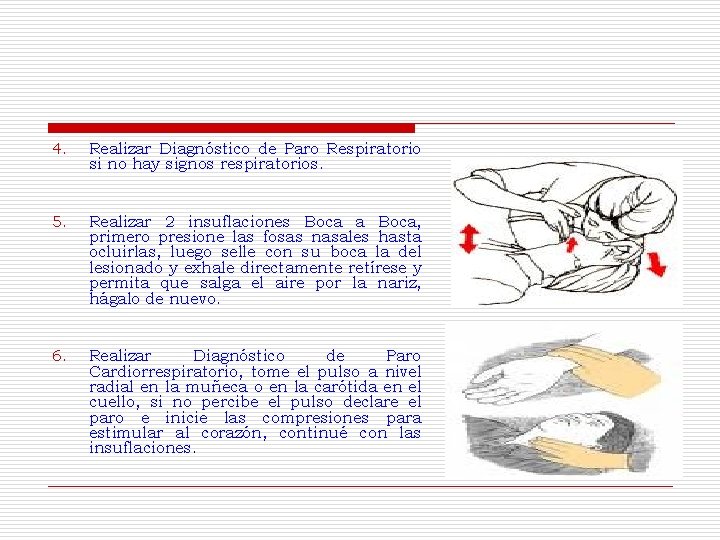 4. Realizar Diagnóstico de Paro Respiratorio si no hay signos respiratorios. 5. Realizar 2