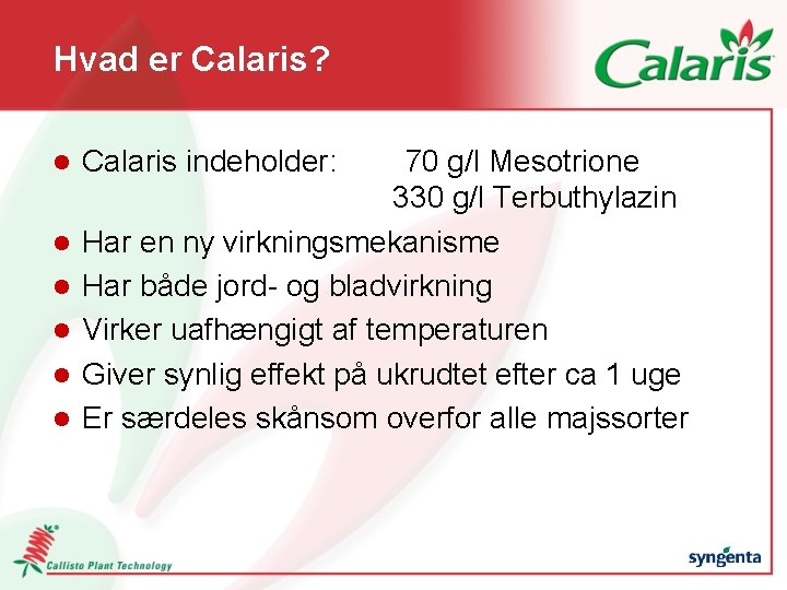 Hvad er Calaris? l l l Calaris indeholder: 70 g/l Mesotrione 330 g/l Terbuthylazin