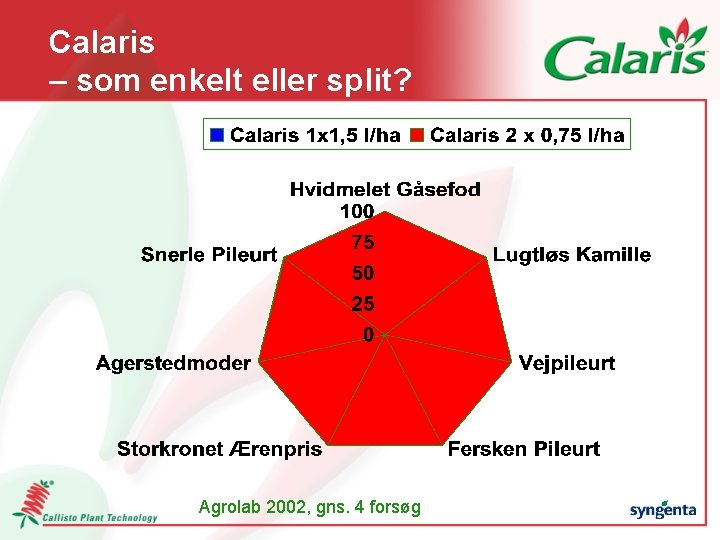 Calaris – som enkelt eller split? Agrolab 2002, gns. 4 forsøg 