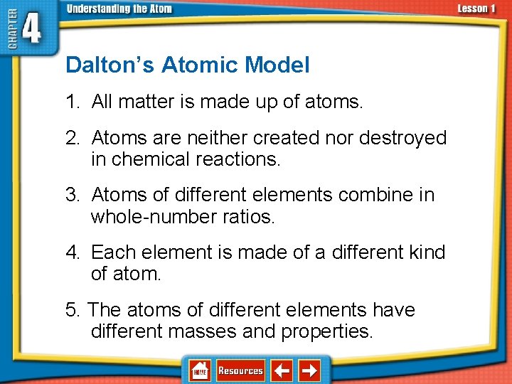 4. 1 Atoms—Basic Units of Matter Dalton’s Atomic Model 1. All matter is made