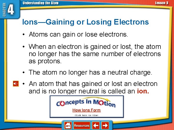 4. 3 Elements, Isotopes, and Ions— How Atoms Differ Ions—Gaining or Losing Electrons •