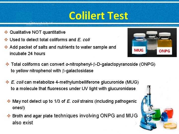 Colilert Test v Qualitative NOT quantitative v Used to detect total coliforms and E.