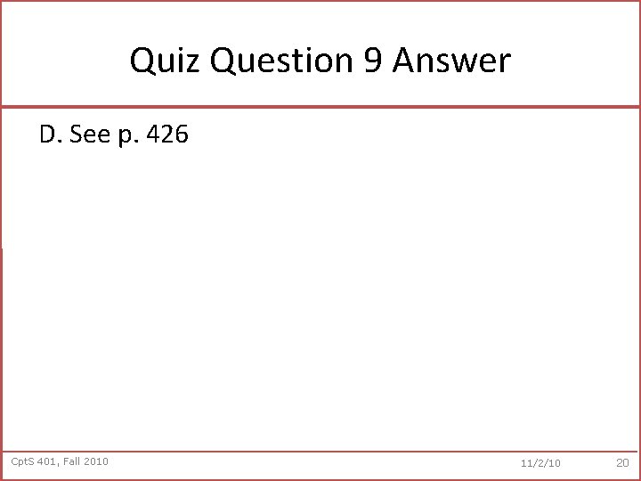 Quiz Question 9 Answer D. See p. 426 Cpt. S 401, Fall 2010 11/2/10