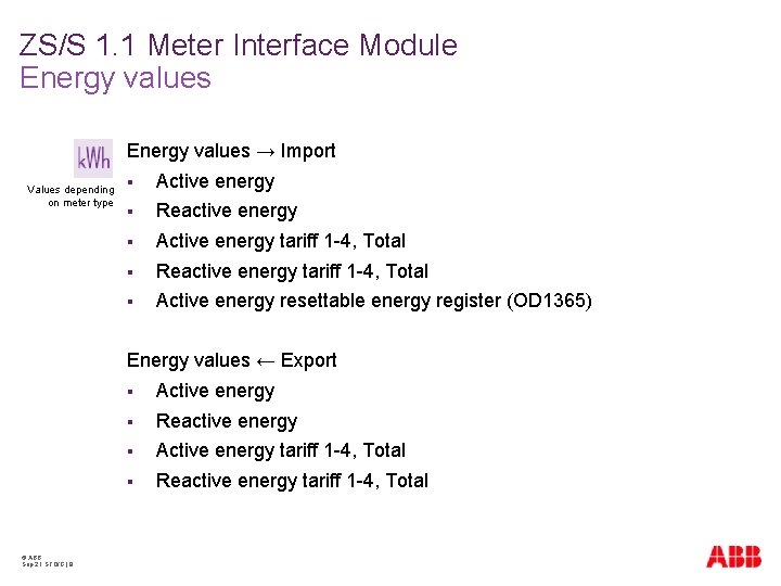ZS/S 1. 1 Meter Interface Module Energy values → Import Values depending on meter